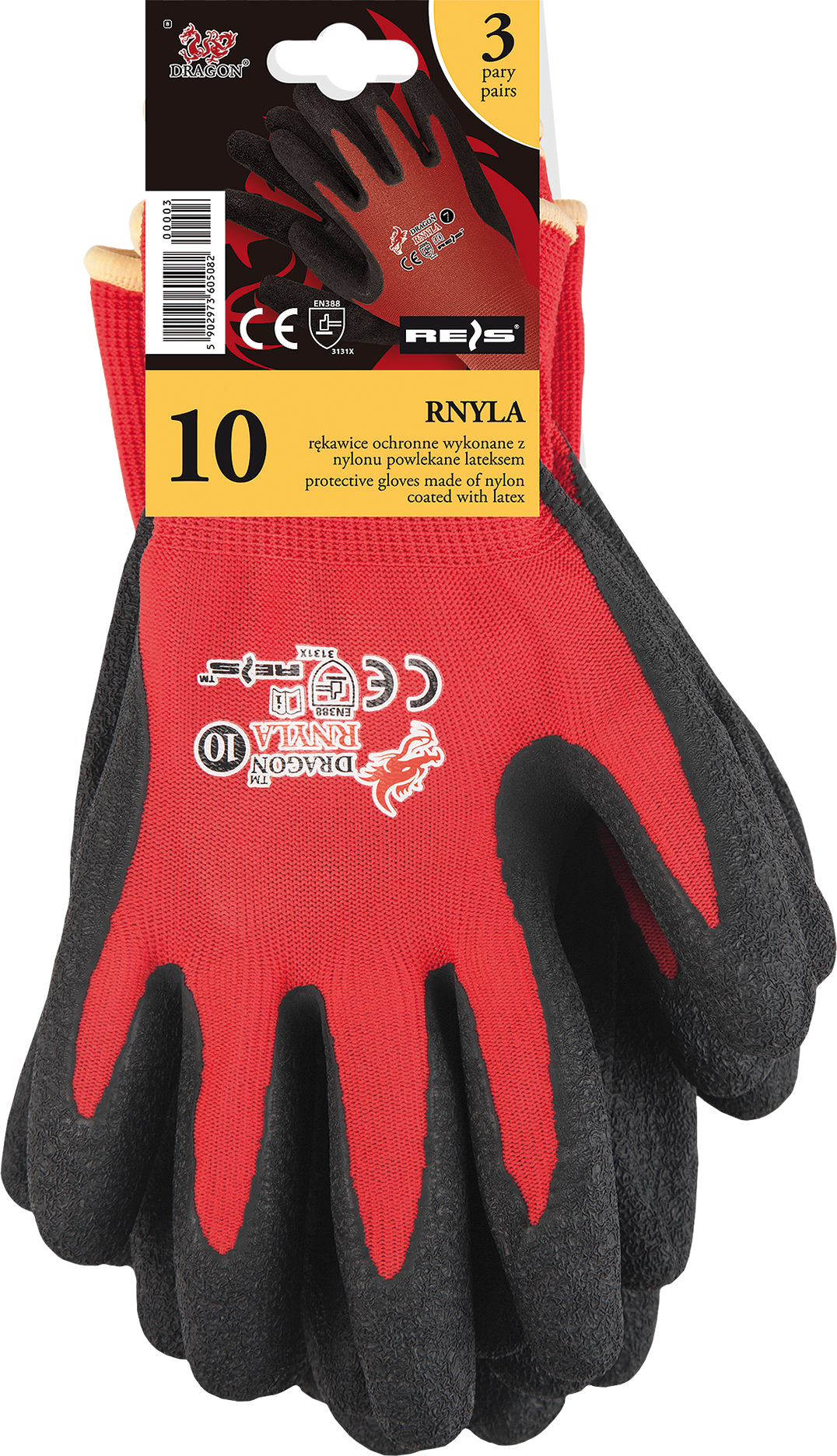 3 Paar Arbeitshandschuhe RNYLA CB Gr. 7-11 rot/schwarz