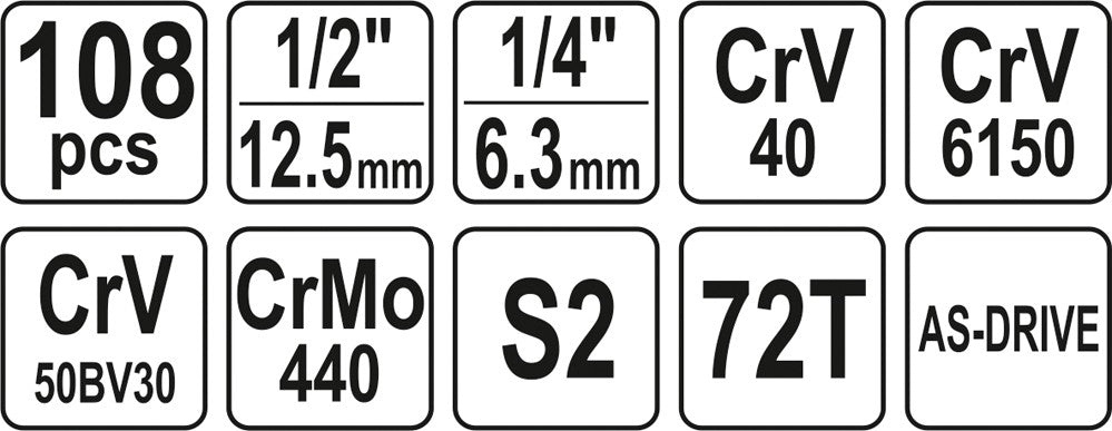 108 tlg Profi Satz Steckschlüssel Knarrenkasten Ratschenkasten Werkzeug 1/2" 1/4" Yato