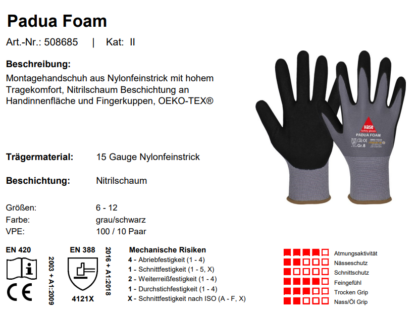 10 Paar Nylon Montagehandschuh mit Nitril Schaum Beschichtung Padua Foam
