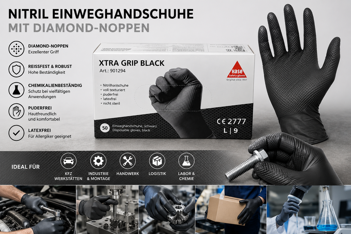 Hase XTRA GRIP BLACK Nitril Einweghandschuhe mit Diamond-Grip – Schwarz, puderfrei, 50 Stück