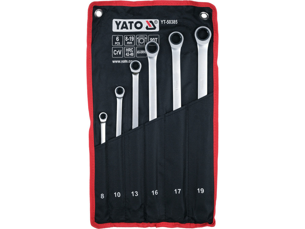 YATO YT-50385 Ratschenringschlüssel-Satz 6-teilig – Extra Lang, 8–19 mm, 90 Zähne