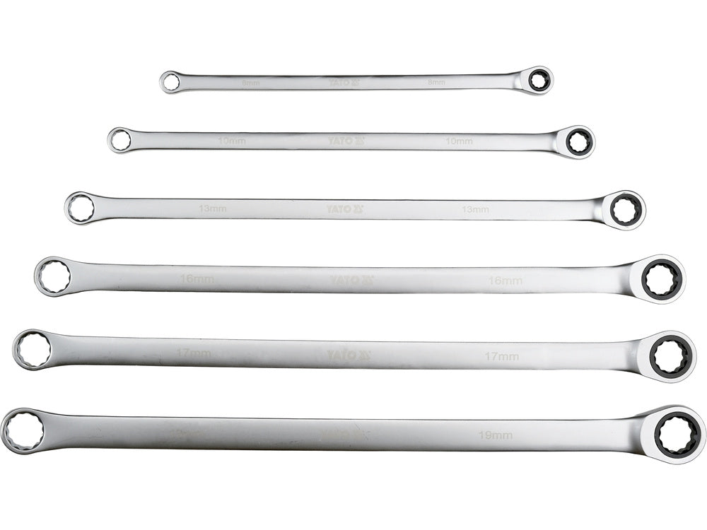 YATO YT-50385 Ratschenringschlüssel-Satz 6-teilig – Extra Lang, 8–19 mm, 90 Zähne