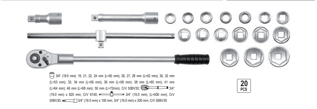 20 tlg Profi Satz Steckschlüssel Knarrenkasten Ratschenkasten Werkzeug 3/4 Yato