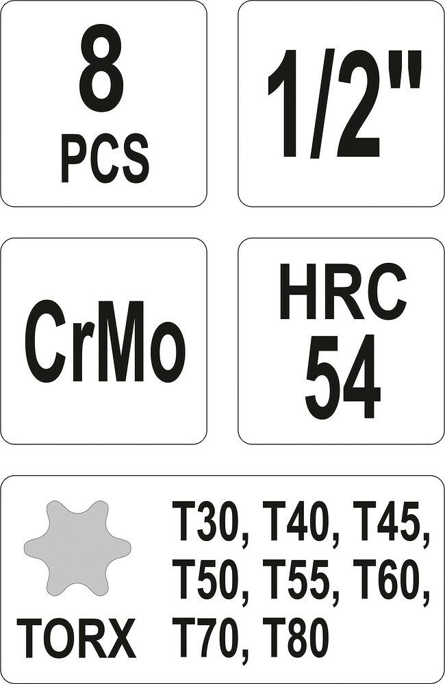 Yato 8 tlg. Torx T30-T80 Schlagschrauber CrMo 1/2