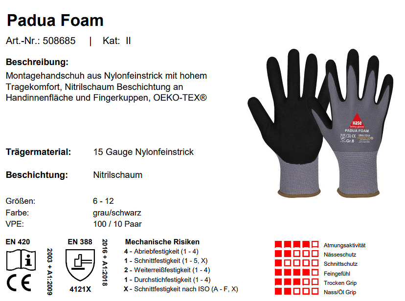 10 Paar Nylon Montagehandschuh mit Nitril Schaum Beschichtung Padua Foam