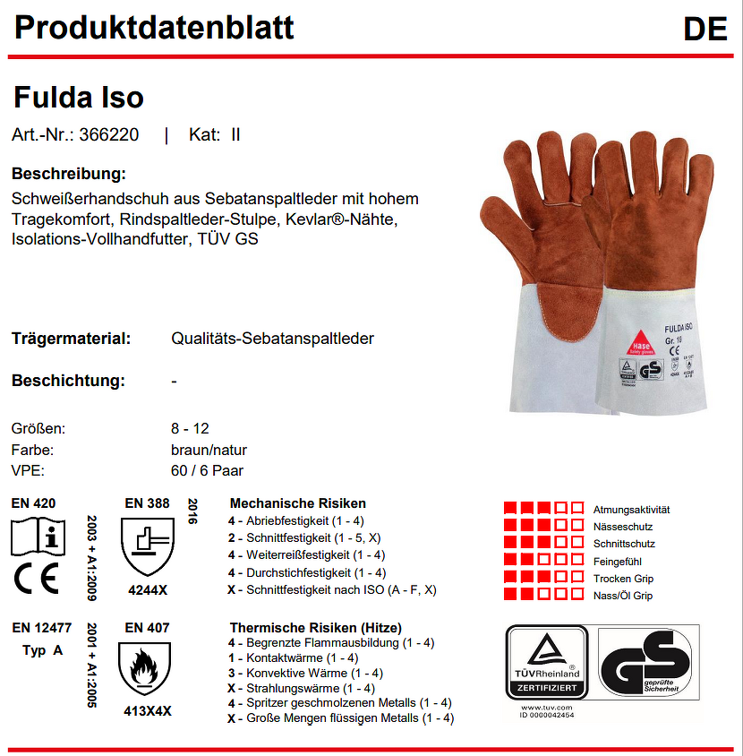 Schweißer Handschuhe Fulda-Iso  WIG MIG MAG
