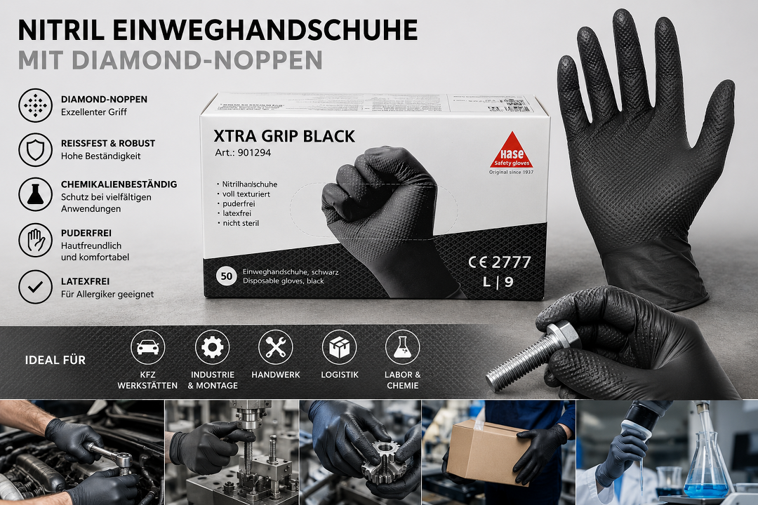 Hase XTRA GRIP BLACK Nitril Einweghandschuhe mit Diamond-Grip – Schwarz, puderfrei, 50 Stück