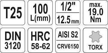 Yato Profi 1/2  Torx T20 - T70 Stecknuss Länge 100 mm