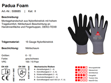 10 Paar Nylon Montagehandschuh mit Nitril Schaum Beschichtung Padua Foam