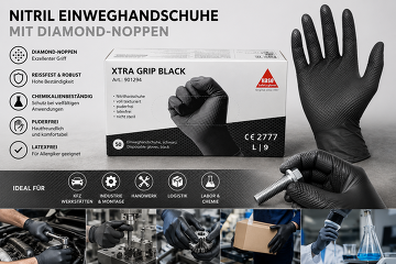 Hase XTRA GRIP BLACK Nitril Einweghandschuhe mit Diamond-Grip – Schwarz, puderfrei, 50 Stück